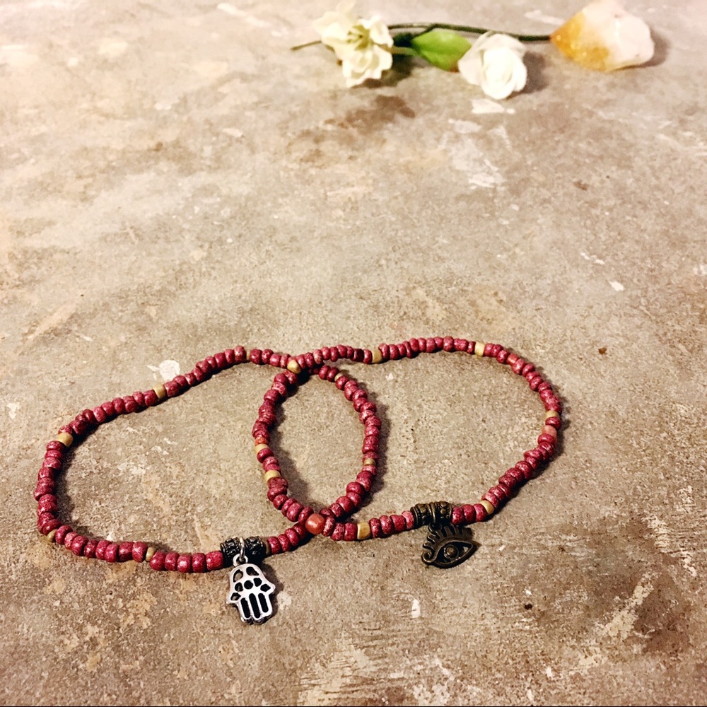 Ankle Bracelet Boho Bead Red Bronze Charm Handmade